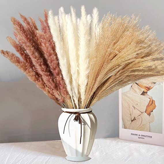 Photo 1 of 80 Pcs Dried Pampas Grass Decor, 17" Pampas Grass with 3 Colors,Boho Decor Fluffy Pompous Grass,Dried Plants for Boho Home Decor (Tricolor)
