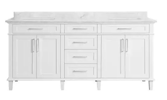 Photo 1 of Home Decorators Collection Sonoma 72 in. W x 22 in. D x 34 in H Bath Vanity in White with White Carrara Marble Top
