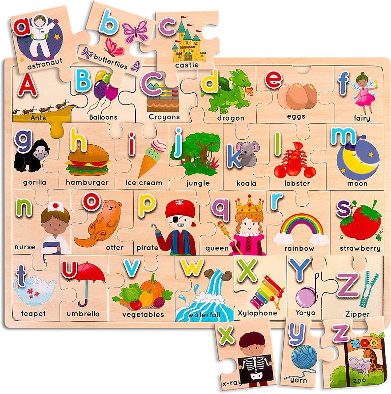 Photo 1 of 2 Wooden Alphabet Puzzle for Kids - Big 17x12 ABC Puzzles, Matching Uppercase & Lowercase Letters, ABC Learning for Toddlers, Preschool Learning Games Ages 3+ Educational Toys for Toddlers
