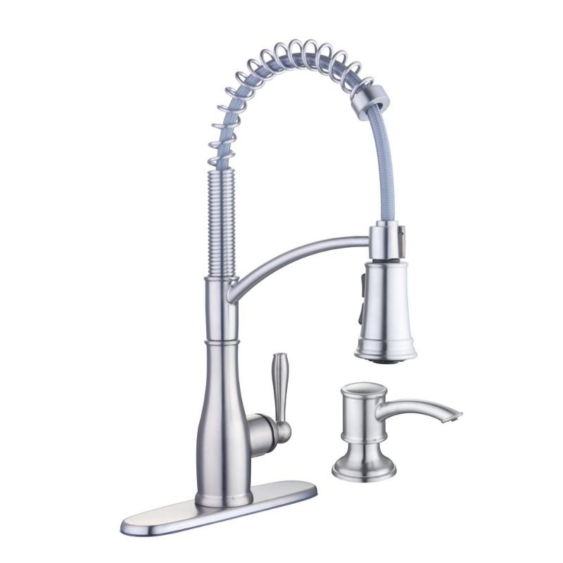 Photo 1 of .Glacier Bay Mandouri Single-Handle Spring Neck Pull-Down Kitchen Faucet with Soap Dispenser in Stainless Steel, Silver
