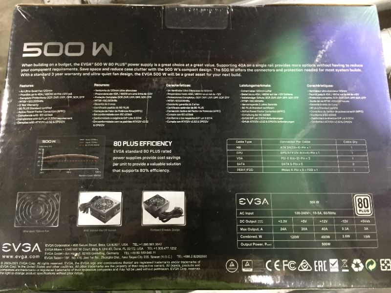 Photo 4 of EVGA 500W 80 Plus Power Supply, White Efficiency