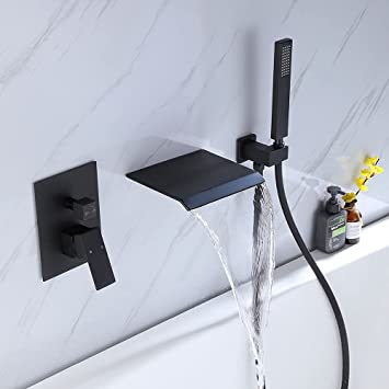 Photo 1 of Yawhite Waterfall Wall Mounted Bathtub Faucet with Hand Shower, Bathroom Single Handle Tub Filler Spout Shower Faucet Set,Rough-In Valve ,Matte Black