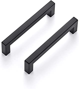 Photo 1 of 20 individually wrapped Square Bar Kitchen Cabinet Handles in Matte Black. Each individually wrapped piece, includes its hardware. Measures 5 3/4" wide and 5" center hole