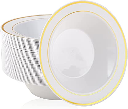 Photo 1 of 50PCS Plastic Bowls with Gold Rim-12oz disposable Soup Bowls, Premium Dessert Salad Bowls for Wedding/Party