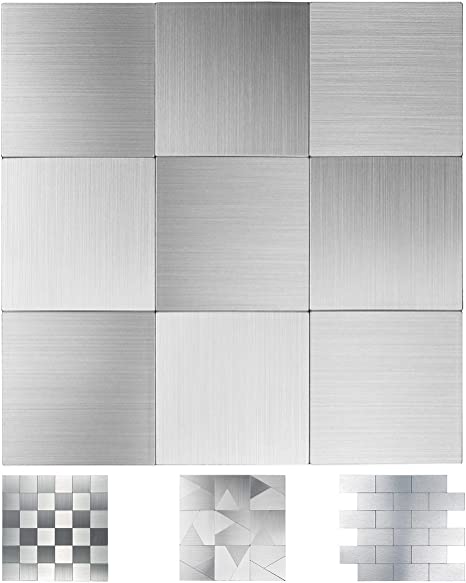 Photo 1 of Art3d Peel and Stick Metal Backsplash Tile, Brushed Stainless Steel in Square, Pack of 10 Tiles 12"x12"