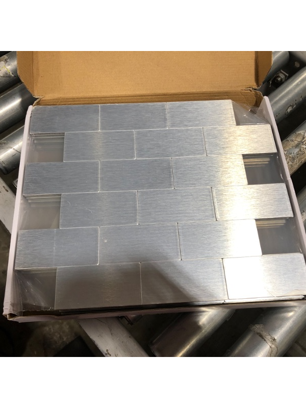 Photo 2 of Art3d Peel and Stick Metal Backsplash Tile, Brushed Stainless Steel in Square, Pack of 10 Tiles 12"x12"