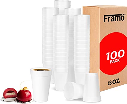 Photo 1 of 8 Oz Styrofoam Cups by Framo - Lightweight Insulated Foam Cups for Coffee, Cold Drinks & Other Hot Beverages - Disposable Drinking Cups for Parties, Picnic, BBQ, Travel, & Events - (100 pack)
