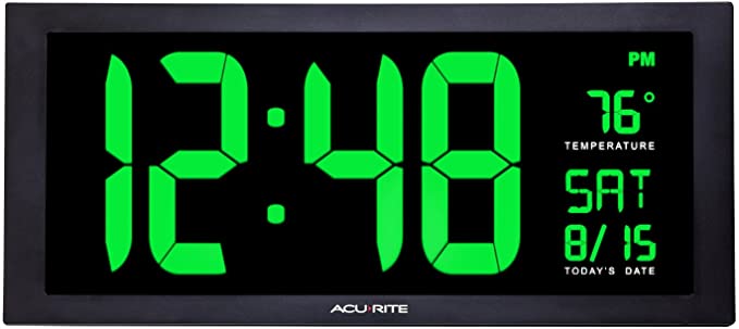 Photo 1 of AcuRite 76101M Oversized LED Clock with Indoor Temperature, Date and Fold-Out Stand, 18", Green
