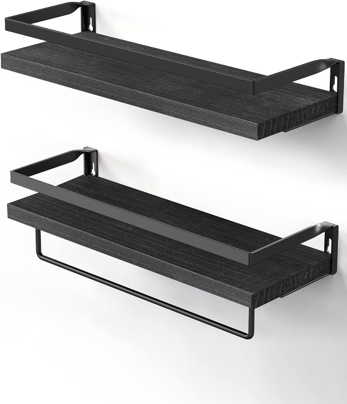 Photo 1 of AMADA HOMEFURNISHING Floating Shelves, Wall Shelves for Bathroom, Kitchen, Bedroom, Bathroom Shelf with Towel Bar, Decor Shelves Set of 2, Black - AMFS01B
