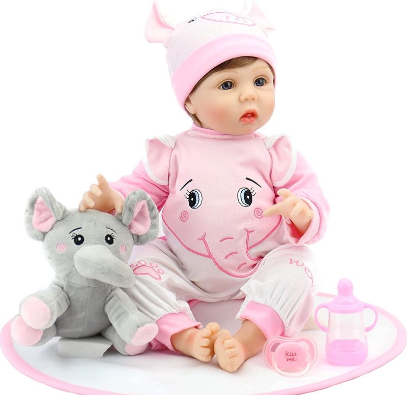 Photo 1 of Aori Reborn Baby Dolls Girl 22 inch Realistic Newborn Baby Doll Weighted Lifelike Toddler That Look Real with Elephant Jumpsuit and Toy in Gift Box
