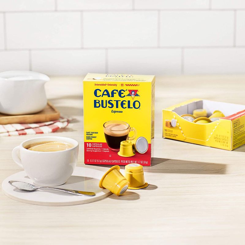Photo 1 of Café Bustelo Espresso Dark Roast Coffee, 40 Count Capsules for Espresso Machines, 11 Intensity Compatible with Nespresso Original Brewers, 10 Count (Pack of 4) exp 04/07/2023