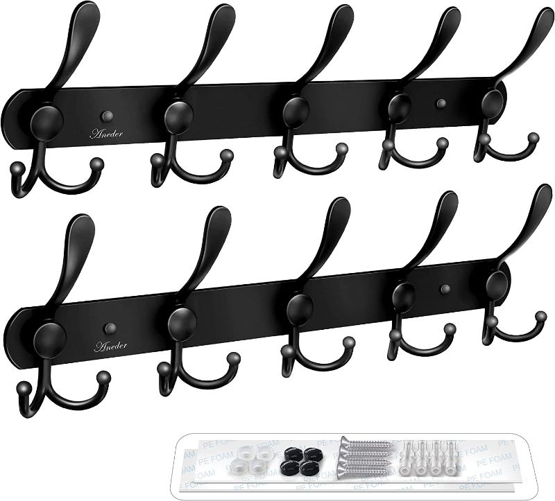 Photo 1 of ANEDER Coat Rack Wall Mount Wall Hooks Hat Rack Adhesive Wall Hooks Rail Heavy Duty Wall Rack with 5 Tri Hooks for Coat Hat Towel Purse Robes (Black, 2 Packs)
