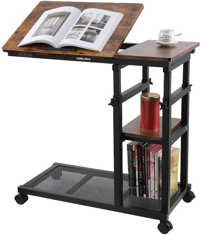 Photo 1 of C Table Height Adjustable with Wheels, 31.5" Mobile Couch Table with Tiltable Drawing Board, Laptop Stand Desk Side Table with Storage Shelves
