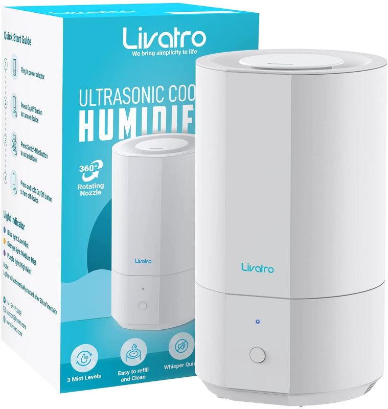 Photo 1 of Livatro 4L Top Fill Humidifiers for Bedroom Large Room Nursery, Cool Mist Humidifier With Ultrasonic Quiet, Auto Shut-off and Easy to Clean, Last up to 40 Hours, White
