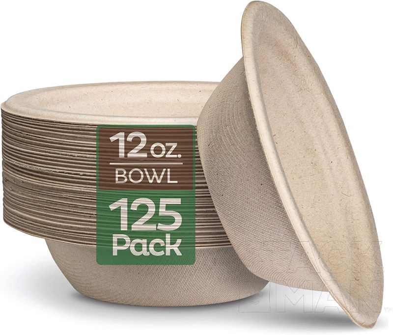 Photo 1 of 100% Compostable 12 oz. Paper Bowls [125-Pack] Heavy-Duty Quality Natural Disposable Bagasse, Eco-Friendly Biodegradable Made of Sugar Cane Fibers
