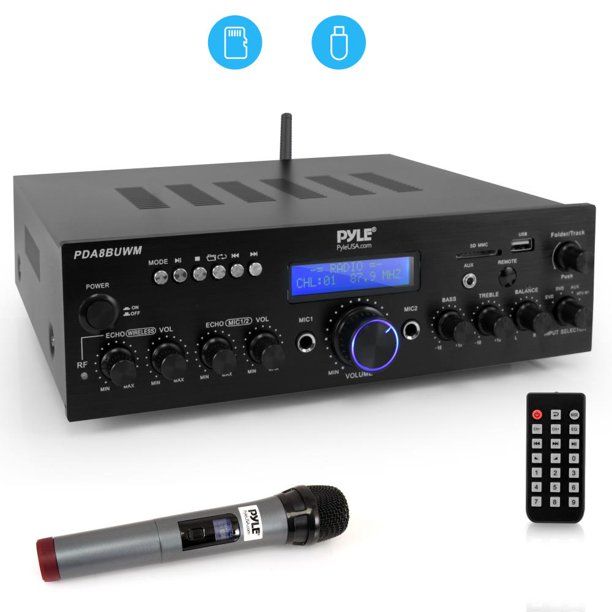 Photo 1 of PYLE PDA8BUWM - Compact Home Theater Amplifier Stereo Receiver with Bluetooth Wireless Streaming, UHF Wireless Microphone, Mic ECHO and Volume Control, MP3/USB/SD/AUX/FM Radio, AV Inputs (200 Watt)
