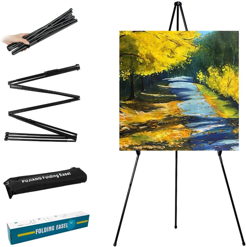 Photo 1 of 63" Tall Display Easel, Folding Instant Poster Easel, Black Steel Metal Telescoping Art Easel for Display Show, Easy Assembly with Carrying Bag (Black, 1Pack)
