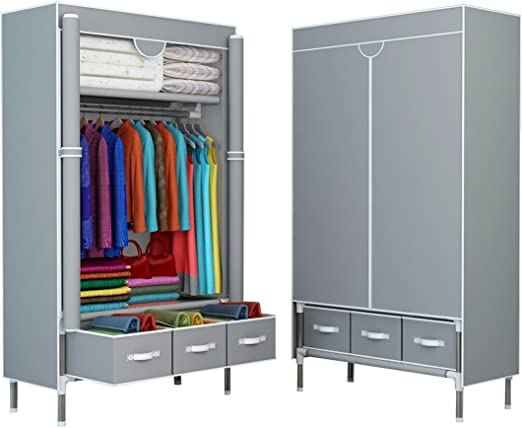 Photo 1 of ASSICA Portable Clothes Closet Rolling Door Wardrobe with Hanging Rack Non-Woven Fabric Storage Organizer with Three Drawer Boxes No-Tool Assembly - 35.4 x 17.7 x 67.0 ‘’ (Gray)