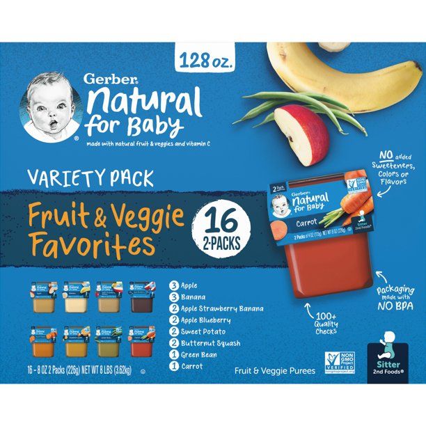 Photo 1 of Gerber 2nd Foods Natural for Baby Fruit & Veggie Favorites, Variety Pack, 4 oz Tubs (32 Pack) ( exp. 02.28.2022)
