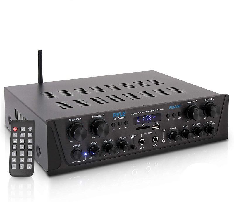 Photo 1 of 500W Karaoke Wireless Bluetooth Amplifier - 4 Channel Stereo Audio Home Theater Speaker Sound Power Receiver with AUX IN, FM, RCA Subwoofer Speakers OUT, USB, Microphone IN with Echo - Pyle PTA44BT
