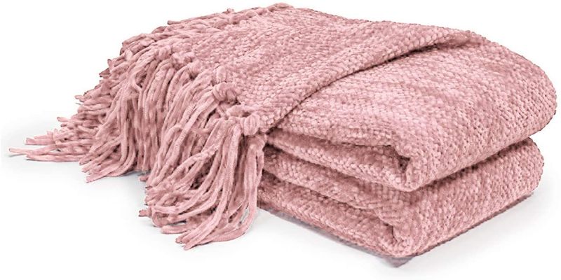 Photo 1 of DOZZZ Thick Fluffy Chenille Knitted Throw Blanket with Decorative Fringe and Striped for Couch Cover Sofa Chair Bed Gift Pink
