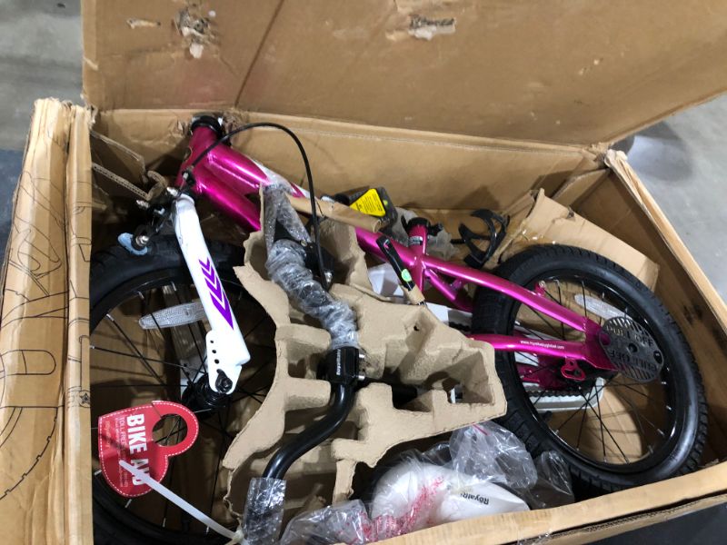 Photo 2 of FOR PARTS ONLY!!! RoyalBaby BMX Freestyle Pedal Brake Kids Bike for Boys and Girls Inch,Fuchsia (16 Inch with Training Wheels and Kickstand)
