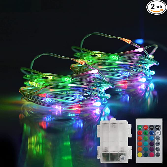Photo 1 of 2 PCS Battery Operated String Lights, 16.4 Ft 50 LED Outdoor String Lights Clear Flexible Cable IP68 Full Waterproof RGB Multi-Color Fairy Christmas Lights for Bedroom Party Holiday Garden Decoration
