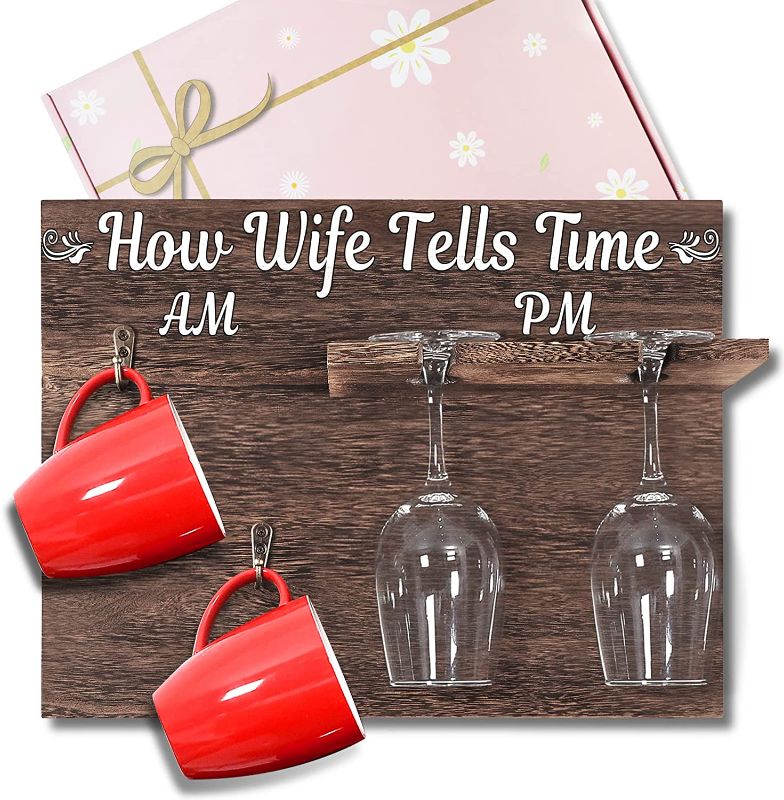 Photo 1 of Wall Mounted Coffee Cups & Wine Glasses Holder with Fun Message, How My Wife Tells Time, Holiday Surprise for Wife, for Your Loved One, Brown (Mugs and glasses Not Included)
