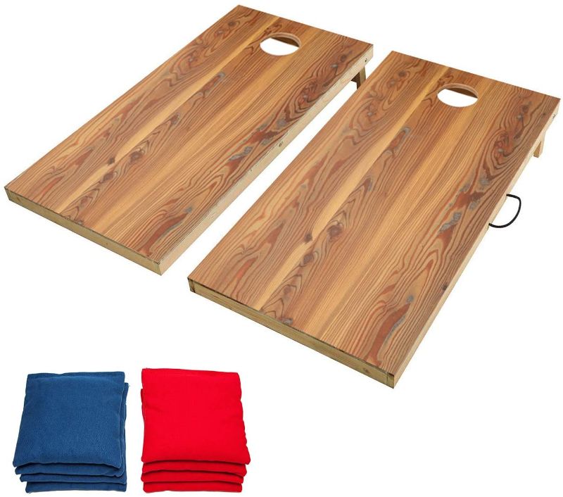 Photo 1 of OOFIT Wooden Premium Cornhole Game Set with Weatherproof Coating, Portable Toss Boards Includes Set of 8 Corn Hole Toss Bags (Junior, Tailgate, Regulation Size)
