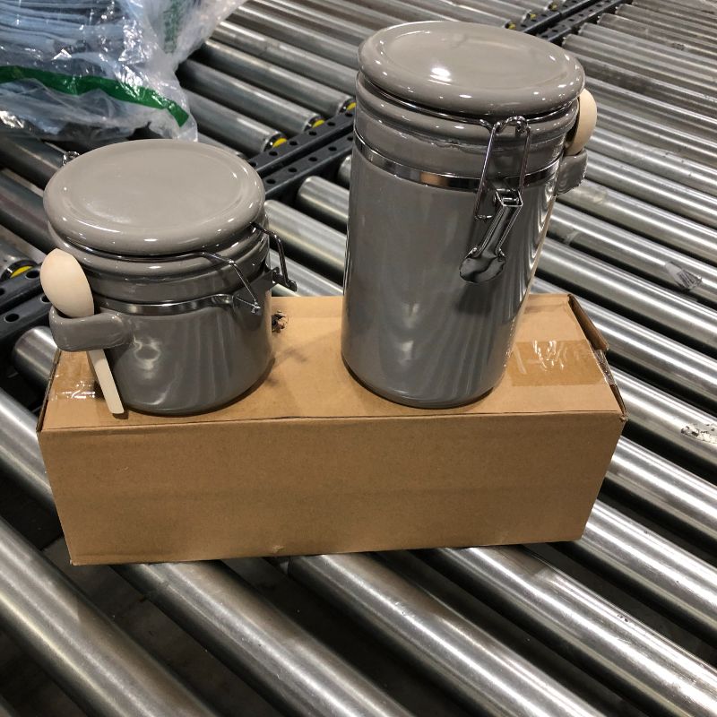 Photo 2 of 4 Piece Ceramic Canisters with Easy Open Air-Tight Clamp Top Lid and Wooden Spoons, Grey