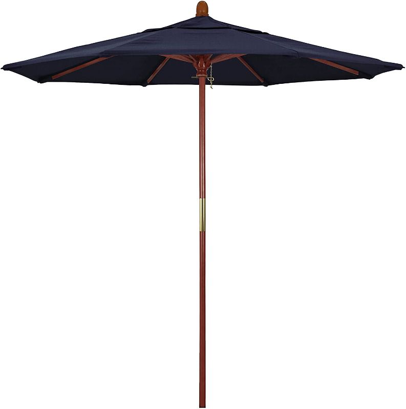 Photo 1 of California Umbrella 7.5' Round Hardwood Frame Market Umbrella, Stainless Steel Hardware, Push Open, Olefin Navy Blue