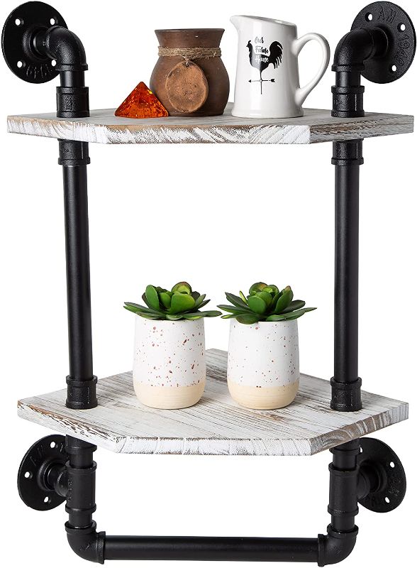 Photo 1 of Bathroom Corner Shelf w/ Pipe Towel Bar – Farmhouse Towel Rack Made of Paulownia Wood and Cast Iron, Pipe Rack in Black Matte – Hand Towel Holder for Rustic Décor w/ 2-Tier Shelf - Rustic White