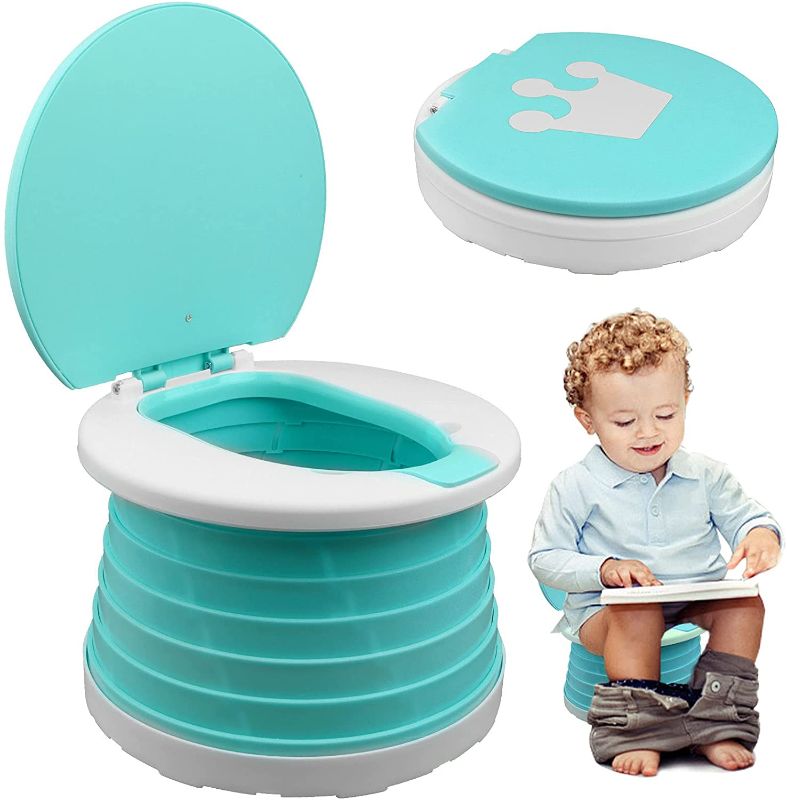 Photo 1 of 2-In-1 Portable Potty Trainer for Toddlers Foldable Travel Potty Training Seat Toilet for Toddlers Kids Car Travel Outdoor Picnic Camping with 15 Potty Liners (Green)