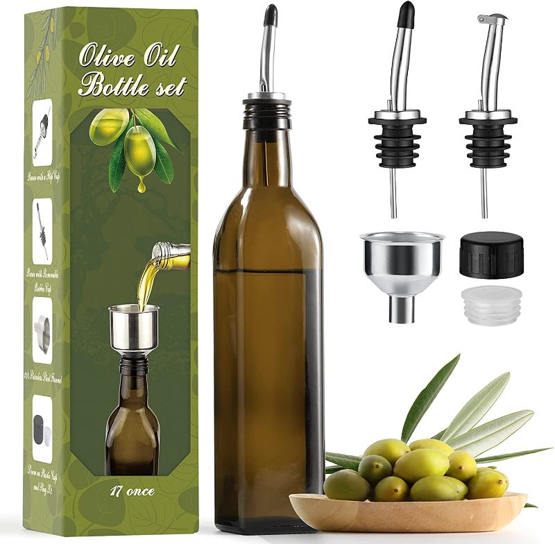 Photo 1 of AOZITA 17oz Glass Olive Oil Dispenser - Oil and Vinegar Cruet Bottle with Stainless Steel Pourers - Funnel For Easy Refill - Olive Oil Carafe Decanter for Kitchen
