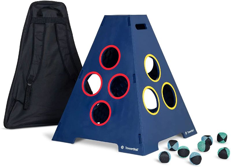 Photo 1 of CALIBER GAMES - TowerBall Bundle - Backyard, Lawn, Beach & Tailgate Game - Great for All Ages & Group Sizes - Includes Collapsible Tower, 8 Balls (4 Green and 4 Blue), and a Premium Backpack
