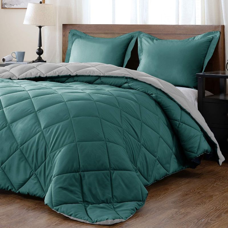 Photo 1 of downluxe Lightweight Solid Comforter Set (Queen) with 2 Pillow Shams - 3-Piece Set - Green and Grey - Down Alternative Reversible Comforter
