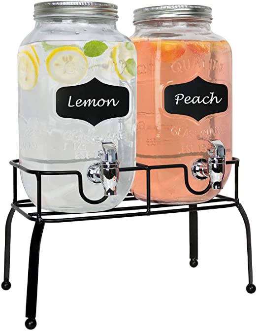 Photo 1 of Estilo Glass Drink Dispenser 1 Gallon, Set of 2 Mason Jar Dispensers with Stand, Lids, Labels - Leak Free Spigots | Parties, Weddings, and Picnics
