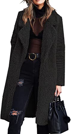 Photo 1 of Angashion Women's Fuzzy Fleece Lapel Open Front Long Cardigan Coat Faux Fur Warm Winter Outwear Jackets (S)
