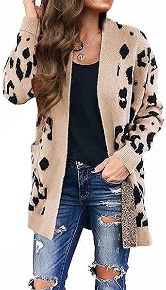 Photo 1 of  Women's Open Front Leopard Knit Cardigan Sweaters Long Sleeve Outwear (M)