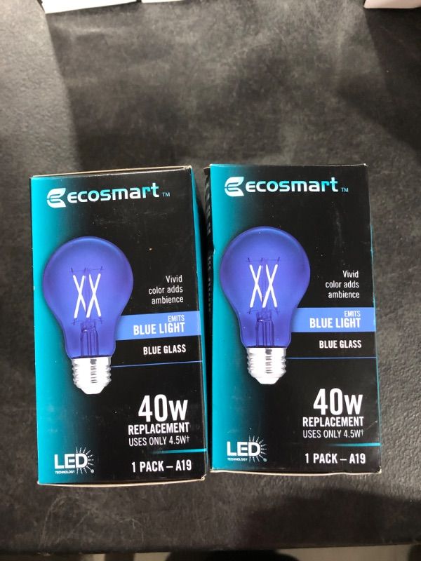 Photo 2 of 2pk of EcoSmart 40-Watt Equivalent A19 Dimmable Filament Blue Colored Glass LED Light Bulbs