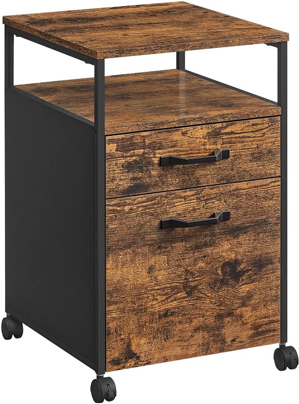 Photo 1 of VASAGLE File Cabinet, Mobile Filing Cabinet with Wheels, 2 Drawers, Open Shelf, for A4, Letter Size, Hanging File Folders, Rustic Brown and Black UOFC71X
