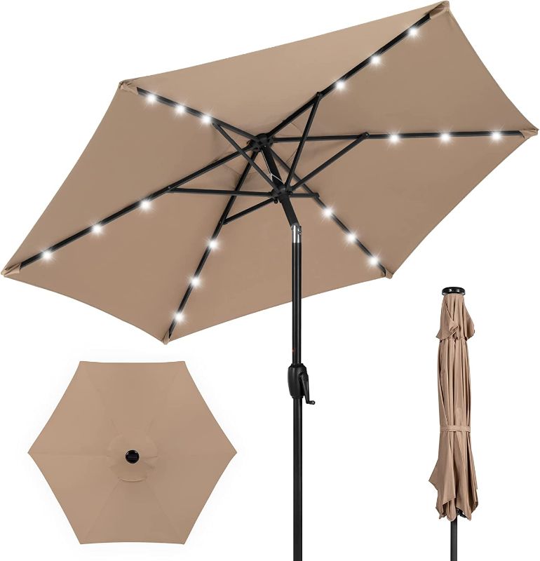 Photo 1 of Best Choice Products 7.5ft Outdoor Solar Market Table Patio Umbrella for Deck, Pool w/Tilt, Crank, LED Lights - Tan
