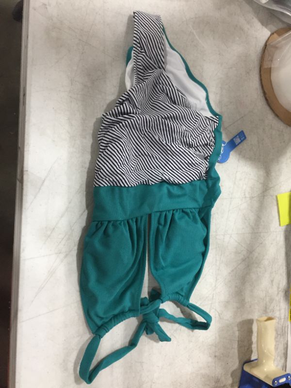 Photo 2 of Aqua Textured And Striped Halter One Piece Swimsuit XS
