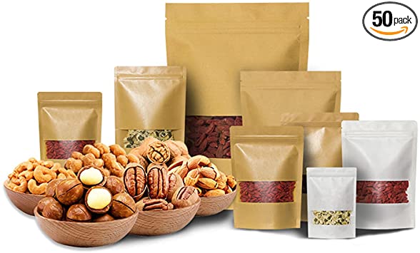 Photo 1 of 50 Pieces of Self-supporting Kraft Paper Bags, Sealed with Reusable Seals, Storing Grain, Coffee Beans, Nuts, Candies, Biscuits(6.1in*8.7in)
