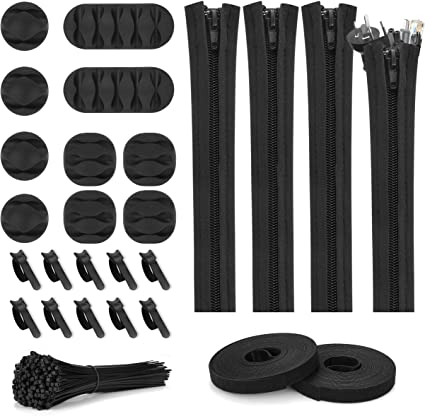 Photo 1 of 117pcs Cord Management Organizer Kit 4 Cable Sleeve with Zipper,10 Self Adhesive Cable Clip Holder,10pcs and 2 Roll Self Adhesive tie and 100 Fastening Cable Ties for TV Office Home etc (Black)
