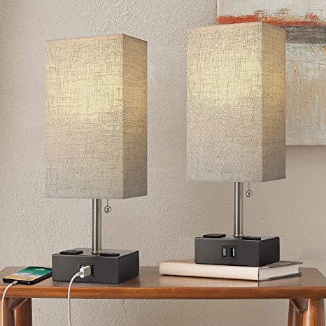 Photo 1 of BOBOMOMO USB Small Table Lamp Set of 2 Bedside Lamps 15.5'' with 2 USB Charging Ports & 2 Power Outlet Nightstand Lamp for Bedroom Living Room Study Room (Black&Linen)
