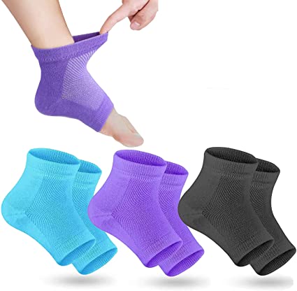 Photo 1 of Moisturizing Socks,Spa Gel Heel Socks, 3 Pairs Aloe Infused Socks for Women Moisturizing Gel Spa Socks for Feet Care Vented Gel Lining Heal and Treat Dry Cracked Feet(Black,Blue,Purple)
