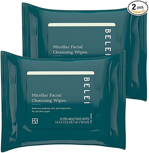 Photo 1 of 3 pack, Belei by Amazon: Oil-Free Micellar Facial Cleansing Wipes, Fragrance Free, Alcohol Free, 25 Count (Pack of 2)
