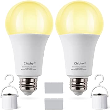 Photo 1 of Rechargeable Emergency LED Bulb, chiphy E26 Emergency Backup Light , 2-Pack, 3000K, 850Lumens, 60W Equivalent, 2000mAh Lithium Battery,4 Hours Working Time
