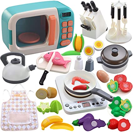 Photo 1 of JOYIN 42 Pcs Kitchen Toys, Cookware Pots and Pans Sets with Cutting Play Food, Electronic Microwave and Induction Cooktop, Apron, Cooking Utensils, Great Learning Toys for Kids Toddlers
